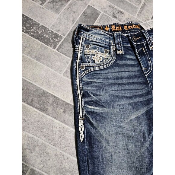 New Rock Revival Sami Slim Boot Stretch Blue Denim Jeans Men’s 27x31 Pocket Logo - Picture 5 of 16